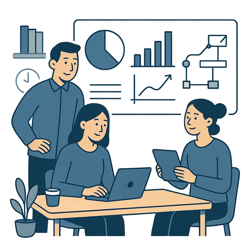 Consulting team analyzing IT systems architecture and data charts in a strategy meeting