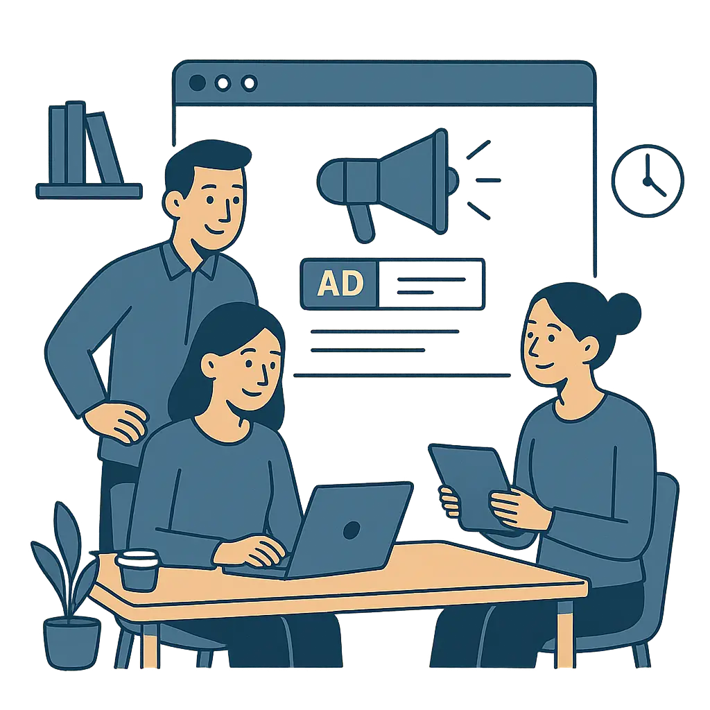 Marketing strategy team launching digital ad campaigns and analyzing performance metrics