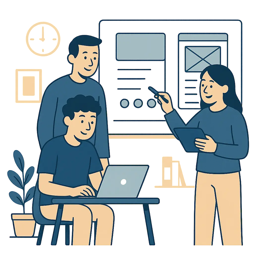 Product design process with wireframes and UI mockups, showcasing a designer planning user interface