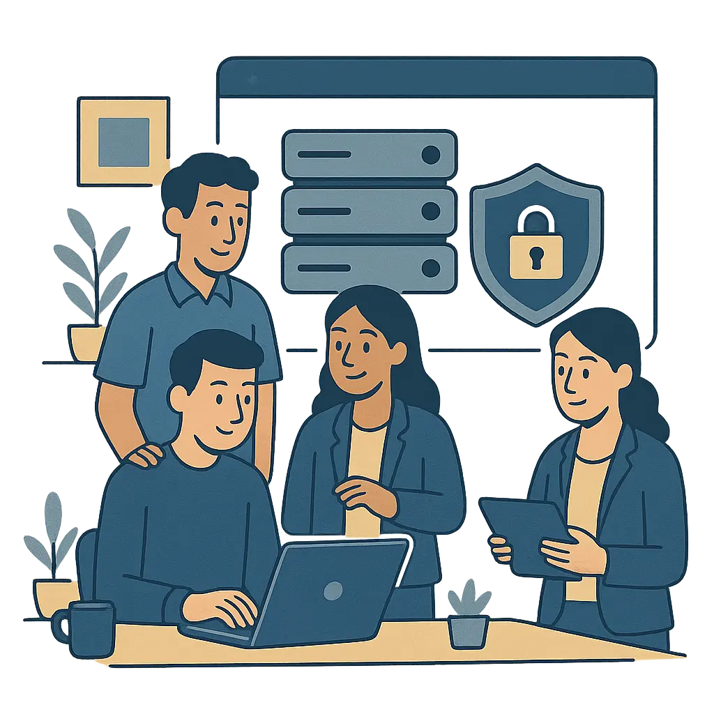 IT security experts monitoring threat dashboards with shielded servers and data protection systems