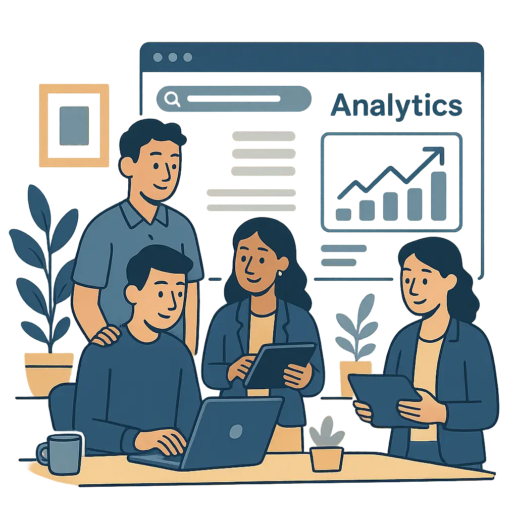 SEO analytics dashboard with Google search results and graphs showing organic traffic growth